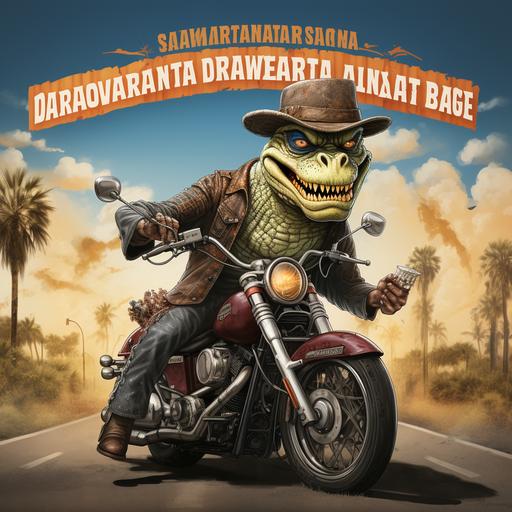 motorcycle event ad with a cartoon like alligators riding motorcycles down a highway, wearing a leather vest, blue jeans and cowboy hat.