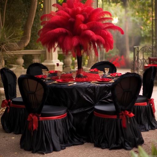 moulin rouge, round tables, black table cloth, covered coushion chairs, red bows ties to chairs, red gold ostrich feathers center piece table , lawn, concept art