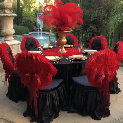 moulin rouge, round tables, black table cloth, covered coushion chairs, red bows ties to chairs, red gold ostrich feathers center piece table , lawn, concept art