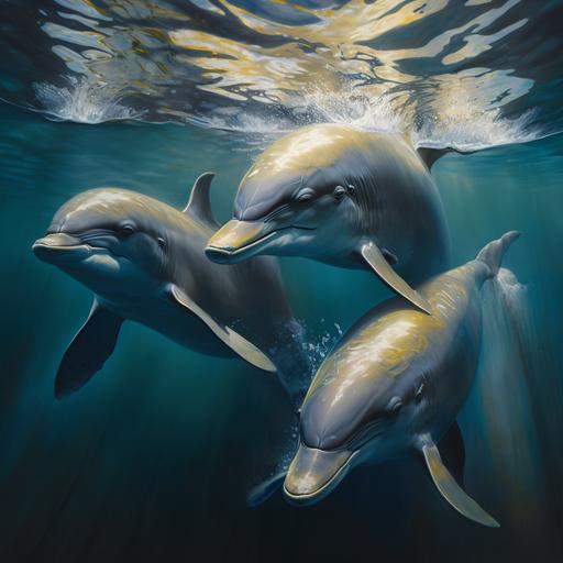 moultiple dolphins doing human activities ultra hd, academic painting, cinematic