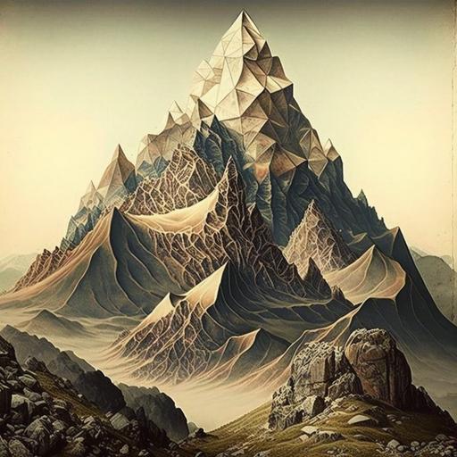 mountain, Nice style sort of retro design but funkily futuristic, This looks like it came out of the codex seraphinianus , man, paul laffoleys artwork Ernst Haeckel, John Singer Sargent, Jeremy Mann, Adolph Menzel, --uplight