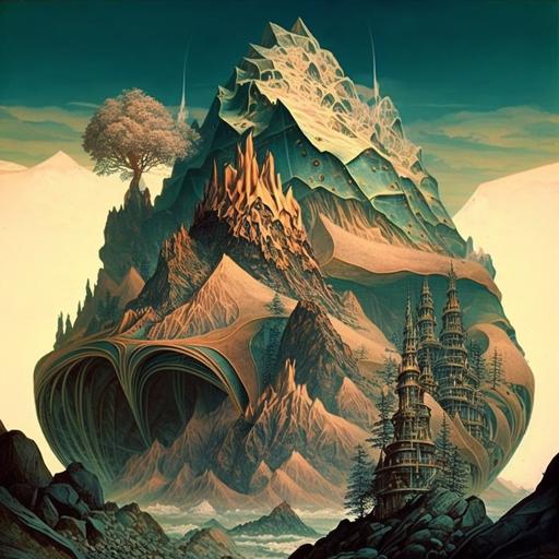 mountain, Nice style sort of retro design but funkily futuristic, This looks like it came out of the codex seraphinianus , man, paul laffoleys artwork Ernst Haeckel, John Singer Sargent, Jeremy Mann, Adolph Menzel, --uplight