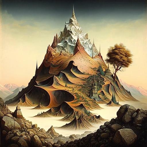 mountain, Nice style sort of retro design but funkily futuristic, This looks like it came out of the codex seraphinianus , man, paul laffoleys artwork Ernst Haeckel, John Singer Sargent, Jeremy Mann, Adolph Menzel, --uplight