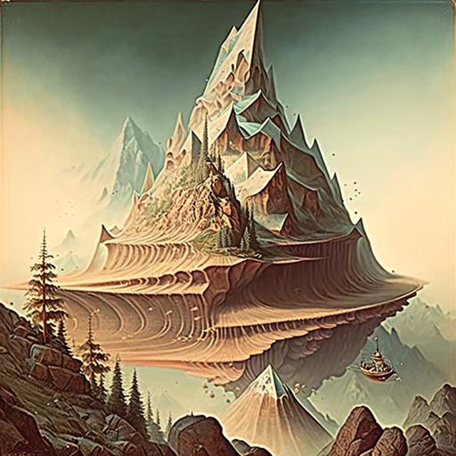 mountain, Nice style sort of retro design but funkily futuristic, This looks like it came out of the codex seraphinianus , man, paul laffoleys artwork Ernst Haeckel, John Singer Sargent, Jeremy Mann, Adolph Menzel, --uplight