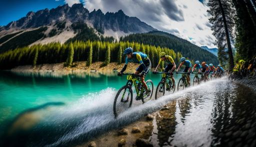 mountain bike race, flyer, realistic photo, natural, lake, summer, various cyclists, environment, round mountains, green, ultra HD, hdr, 8k --ar 16:9 --v 4