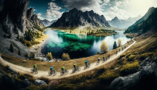 mountain bike race, flyer, realistic photo, natural, lake, summer, various cyclists, environment, round mountains, green, ultra HD, hdr, 8k --ar 16:9 --v 4