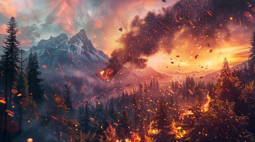 mountain forest, battlefield, explosions, 8k, dirt explosions, fire particles, neon light sunset --ar 16:9