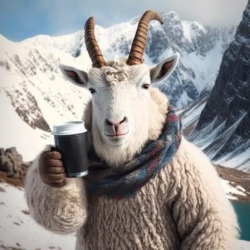 mountain goat in a scarf with a mug of coffee makes a selfie against the backdrop of mountains, realistic, 4k