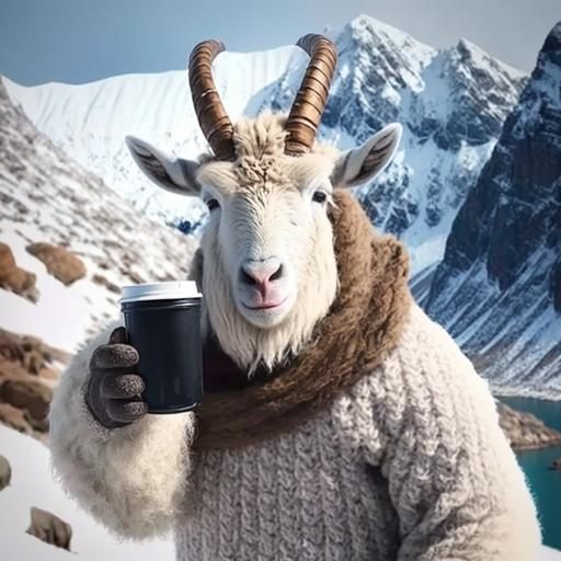 mountain goat in a scarf with a mug of coffee makes a selfie against the backdrop of mountains, realistic, 4k