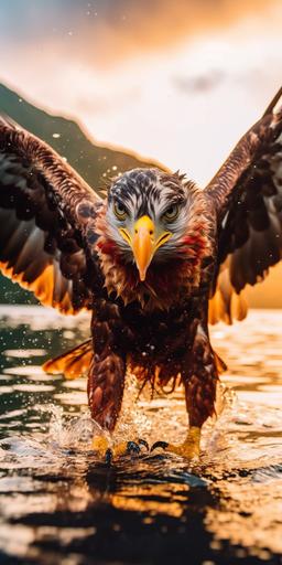 mountain lake, low angle photo of a eagle catching a fish running at the camera, colourful, hyperrealistic, low camera angle, dynamic composition and dramatic lighting, detailed macro wildlife photography by national geographic, bokeh, --no moebius strip --ar 9:18 --s 750 --q 2