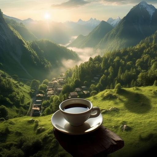 mountains, good morning, green trees, nature, morning, sun, coffee, beautiful view, maximum detail, highest detail