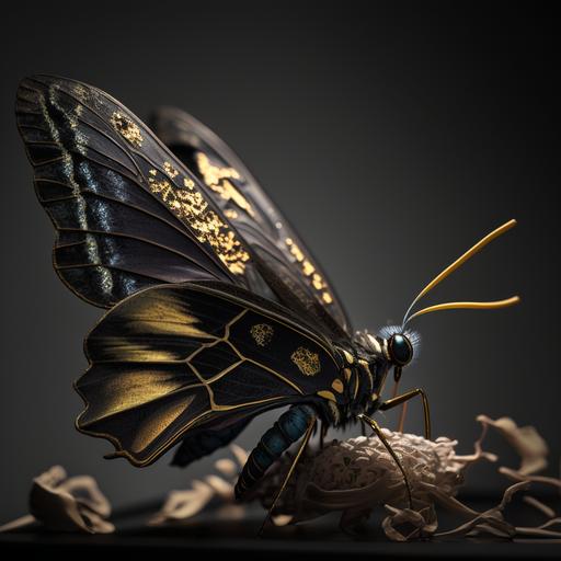 mounted black butterfly, pinned to black display board, shattered wings repaired with kintsugi :: macro photography, higly detailed, museum lighting, shot on Hasselblad X1D-50c, ISO 100