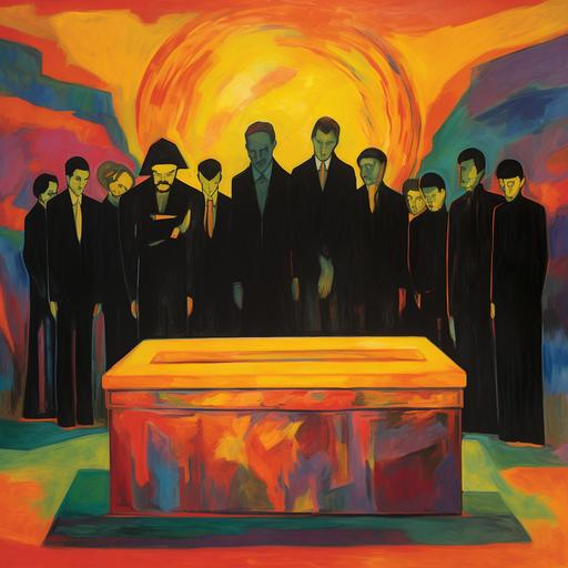 mourners at a funeral standing over an open coffin, neo fauvist