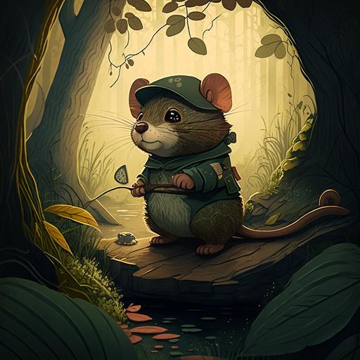mouse, bandit cat, forest, illustration, storybook