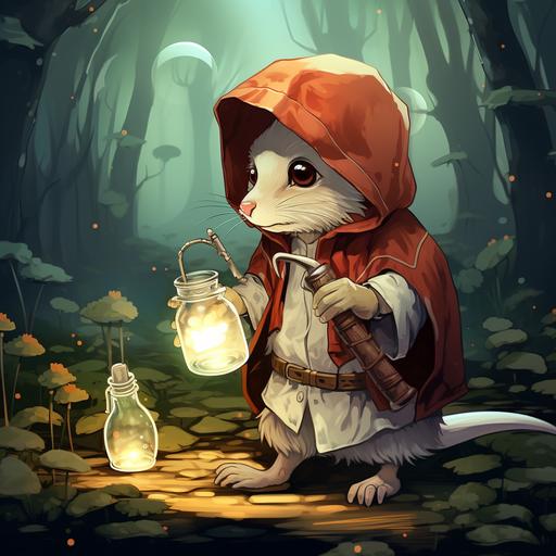 mouse in old torn alchemist clothings with a hood. Mushrooms and a chemical bottle in hands. Disney animated cartoon style. Blury forest background
