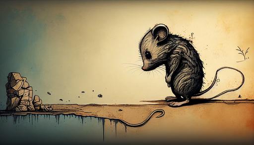 mouse sad walking on the wall, drawing --ar 16:9 --upbeta --s 750