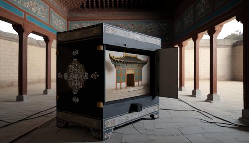 A movable box with an open door, display installation in the middle, vr device, hanok-like design, 4k image, --ar 16:9