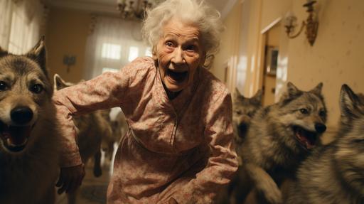 movement testimony, friendly old woman and wolf pack running through modern retirement home, dappled lighting, tea party background, wulf pack, infrared photography, professional photography, photorealistic, uhd --ar 16:9 --upbeta --s 250 --style raw