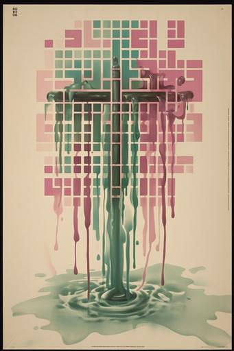 movie poster crossword, minimal, pink, pastel sage green, 1950s, flowing down, dripping like liquid paint --ar 2:3 --v 5 --s 750
