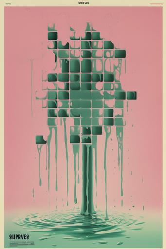 movie poster crossword, minimal, pink, pastel sage green, 1950s, flowing down, dripping like liquid paint --ar 2:3 --v 5 --s 750