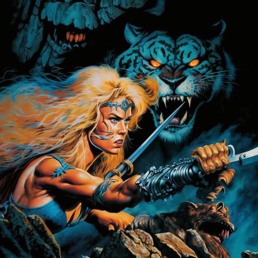 movie poster, on cliff edge, fighting skeletons, Character design, female, beautiful woman, holding an axe, full body profile, character design, hyper realistic, blonde Hair, blue eyes, with a pet tiger, 80s movie poster, Conan the Barbarian, Ultra realistic, Dark background, no watermark, fully body, fighting army skeletons