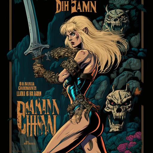 movie poster, on cliff edge, fighting skeletons, Character design, female, beautiful woman, holding an axe, full body profile, character design, hyper realistic, blonde Hair, blue eyes, with a pet tiger, 80s movie poster, Conan the Barbarian, Ultra realistic, Dark background, no watermark, fully body, fighting army skeletons