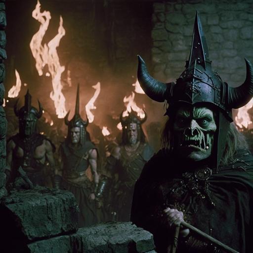 movie scene, 1980 film, dark fantasy, physical effects, practical effects, dark souls, 1980 filter, enhanced plasticity, daemon, horns, swords, castle, wooden torch, group of orcs, green fire, landscape