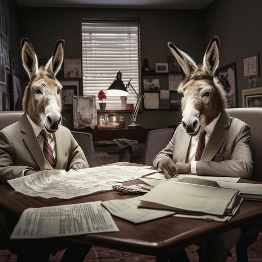 movie scene two donkeys wearing suit, sitting in the business meeting, huge contract documents in desk, high detailed, photo realistic --q 2