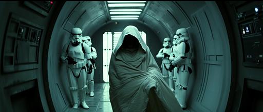 movie still, Princess Leia hides, Death Star control room, Luke and Han and Chewie are under the floorboards, side wall panels go on forever, Stormtroopers outside the door, cinematic, epic scene, dynamic composition, city --ar 235:100 --v 6.0
