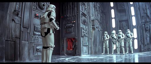 movie still, Princess Leia hides, Death Star control room, Luke and Han and Chewie are under the floorboards, side wall panels go on forever, Stormtroopers outside the door, cinematic, epic scene, dynamic composition, city --ar 235:100 --v 6.0