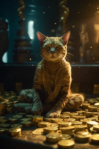 /movie still of Mahabharata Hindu cat tax gods SciFi space aliens saga, Hindu cat tax god with money with cinematic lighting --ar 2:3 --uplight --v 5 --s 750 --q 2