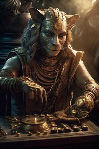/movie still of Mahabharata Hindu cat tax gods SciFi space aliens saga, Hindu cat tax god with money with cinematic lighting --ar 2:3 --uplight --v 5 --s 750 --q 2
