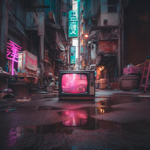 movie still of a tube television sitting in the alleyway of a clean futuristic city street, 1980's movie poster, vintage art, moody, neon signs light world, pink, light colors, realistitc, high details, 3d model, Blad Runner cinematography, upscaled to 8k. Back to the future, dream like --v 5.2