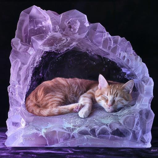 mr t etched in a kitty cat sleeping peacefully on a giant crystal cave with a waterfal 