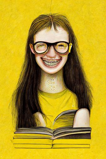 smiling teenage girl with pimples, braces, and glasses, illustration, yellow background, book cover --aspect 2:3