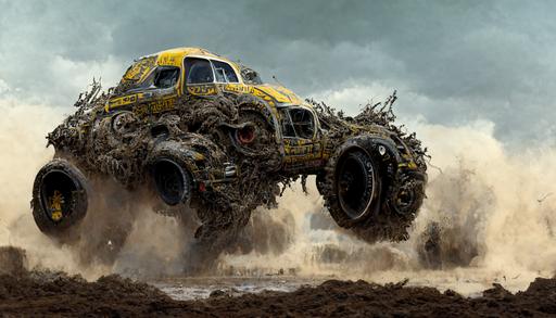 mud bog madness, 4 wheel Monster Truck with mud flying everywhere, high detail, realistic --ar 16:9