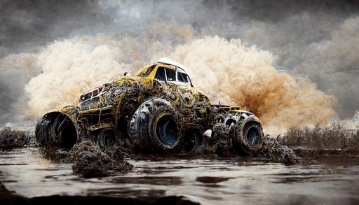 mud bog madness, Monster Truck with mud flying everywhere, hyper realistic --ar 16:9