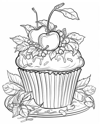 muffin with a cherry on top, coloring page for girls aged 12 plus, thick lines, black and white --ar 4:5 --v 6.0