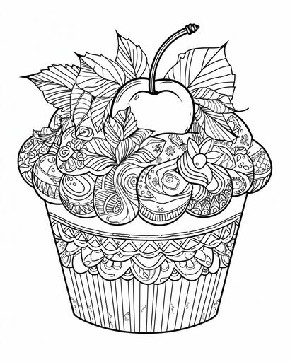 muffin with a cherry on top, coloring page for girls aged 12 plus, thick lines, black and white --ar 4:5 --v 6.0