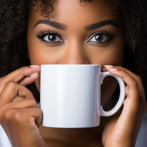 mug mockup of a young black woman holding 11oz plain no gloss, no glare, white ceramic mug with no pattern on the mug. cannot see the woman's eyes --v 5.2