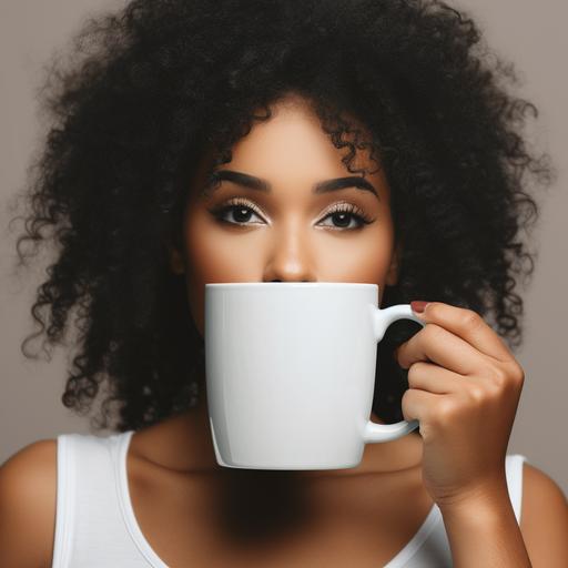 mug mockup of a young black woman holding 11oz plain no gloss, no glare, white ceramic mug with no pattern on the mug. one hand underneath the mug and one hand grabbing handle. mug is below eye level --v 5.2