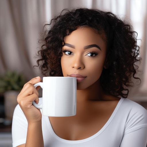 mug mockup of a young black woman holding 11oz plain no gloss, no glare, white ceramic mug with no pattern on the mug. cannot see the woman's eyes --v 5.2