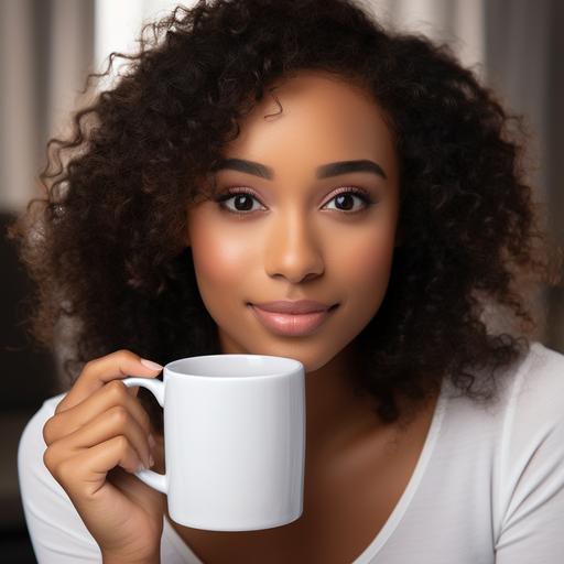 mug mockup of a young black woman holding 11oz plain no gloss, no glare, white ceramic mug with no pattern on the mug. cannot see the woman's eyes --v 5.2