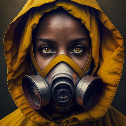 mujer de 30 años, ojos marrones, pelo castaño con canas sobre el lado izquierdo de su cabeza, con traje amarillo bioseguridad industrial y máscara con filtros de aire colgada de su cuello