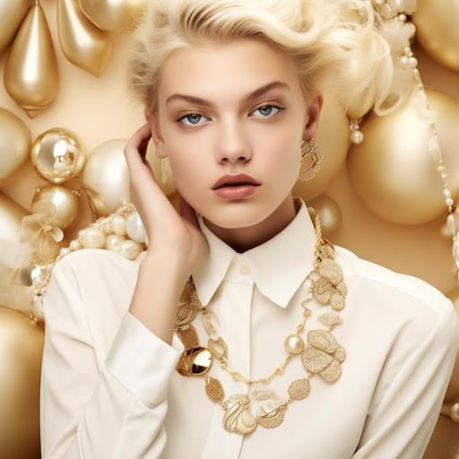 mujer elegante, moderna modelando joyeria dorada fotos en tonos blancos y beige