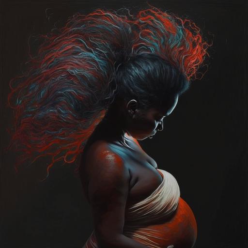 mujer embarazada de cuerpo entero con el pelo liso de color oscuro.