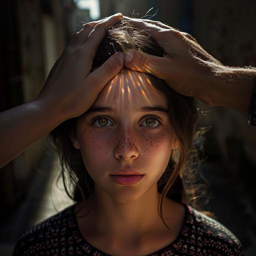 mujer joven de 15 años orando por señor de 40 años, pone las manos sobre cabeza, lugar calle , hambiente moderno, fotografia profesional,--ar 4:7