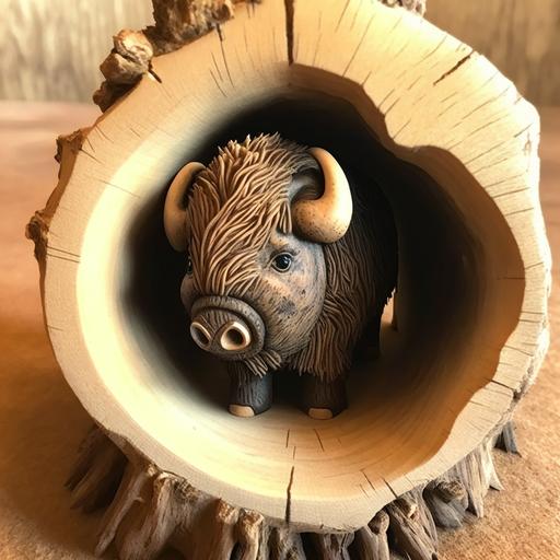 multi dimensional baby buffalo carved in wood, desert , tunnel, tiny buffalo shiny eyes, detailed --v 4 --uplight