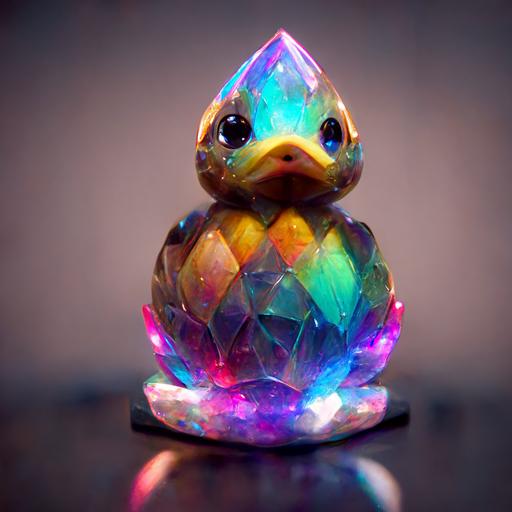 multicolored crystal baby duck statue, magical, light background, 8K, unreal engine, octane render, hyperrealistic, rim light