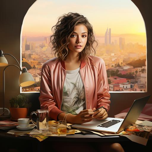 multilayer collage, opulent and gold usage with cut outs from magazine, brunette girl wearing cotton shirt with pink stripes on laptop, view of Los Angeles cityscape at 12pm, cool colors d --s 750 --style raw